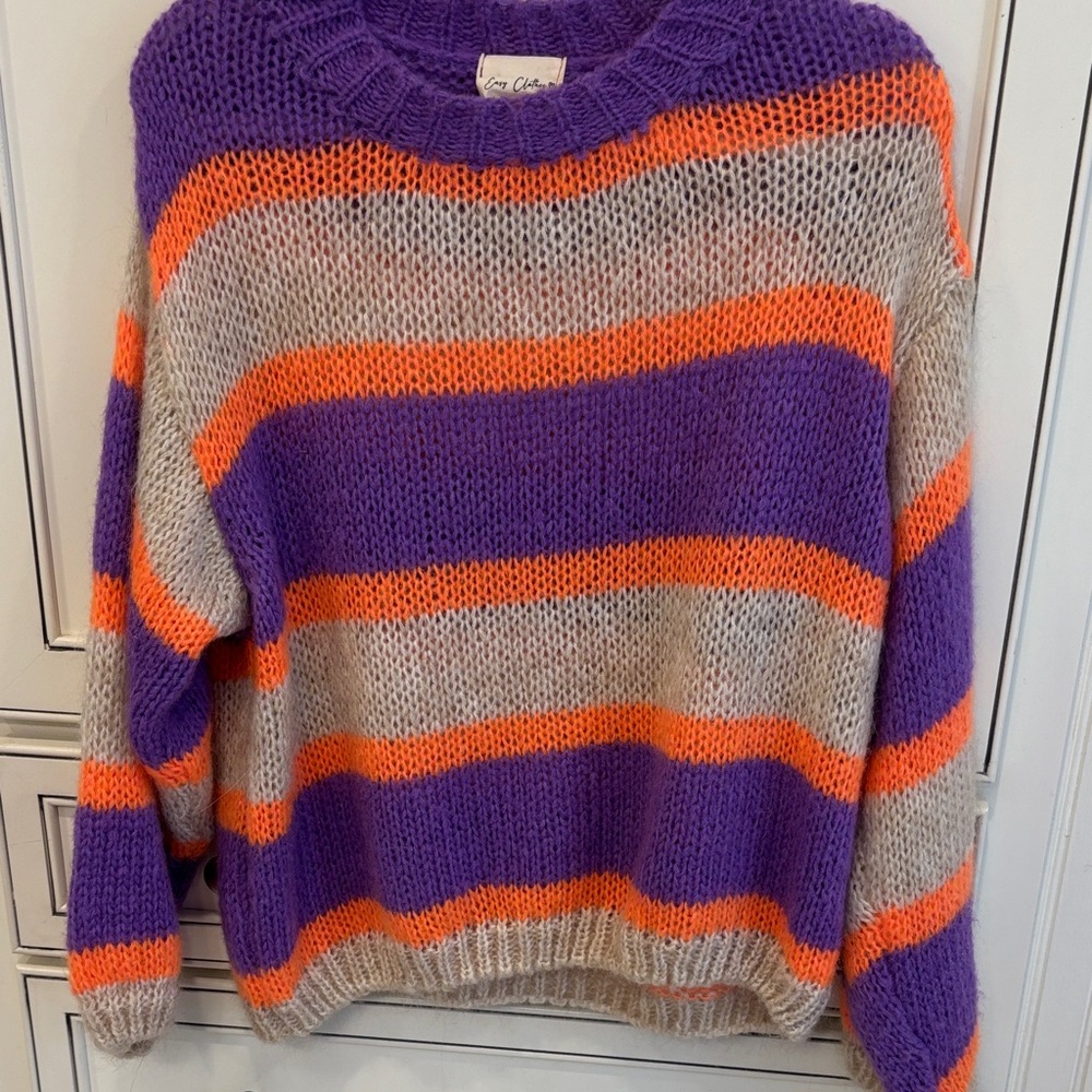 Cozy Striped Crewneck Sweater - Purple, Orange & Cream